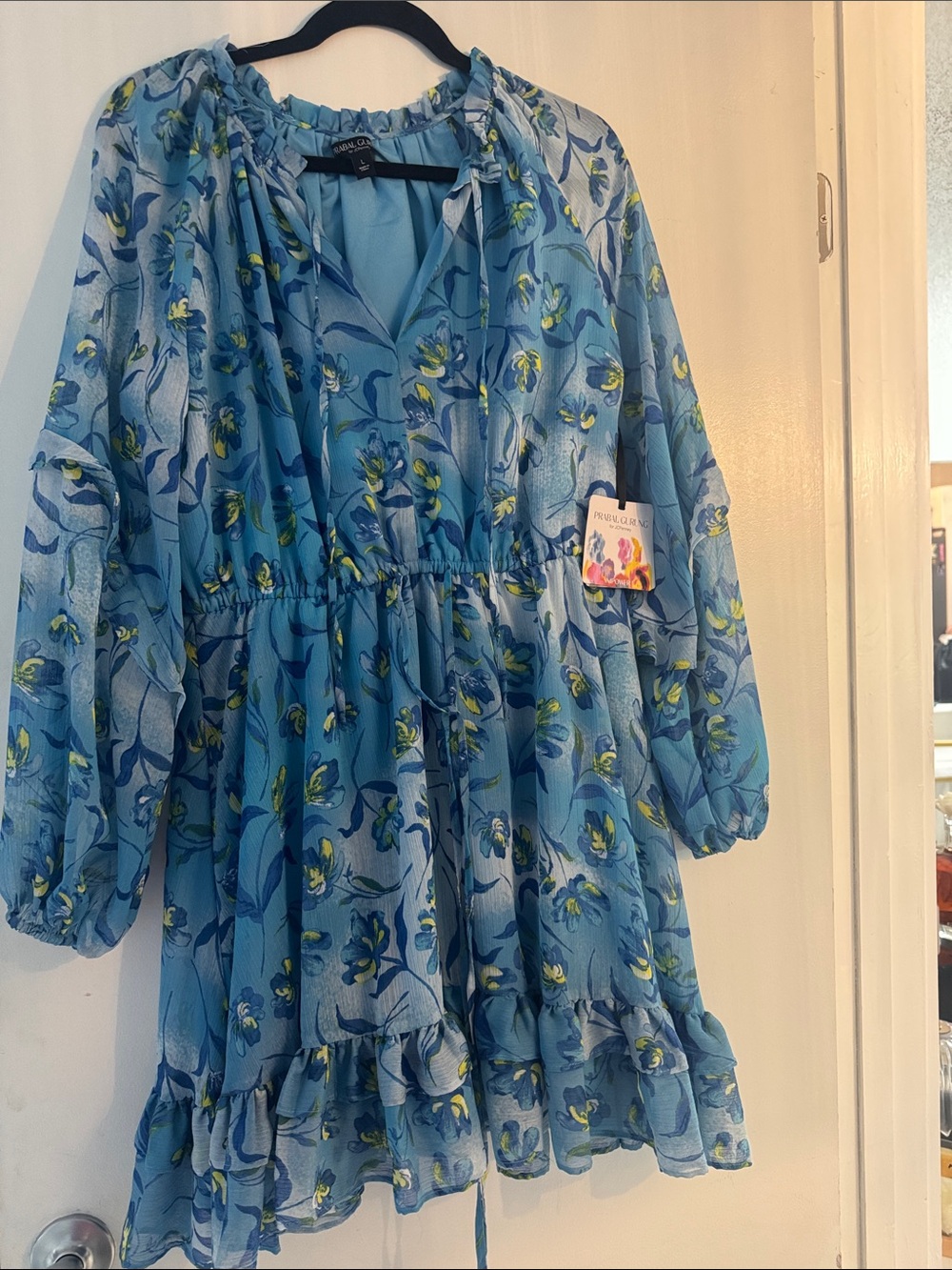 Prabal Gurung Blue Floral Maxi Dress with Ruffle Hem